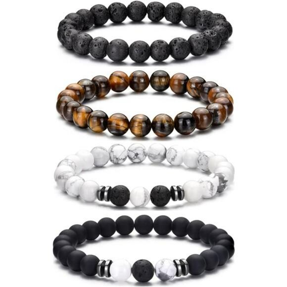 Tiger Eye Beaded Bracelet Men Natural Stone Adjustable Stretch Black Crystal - Picture 1 of 7